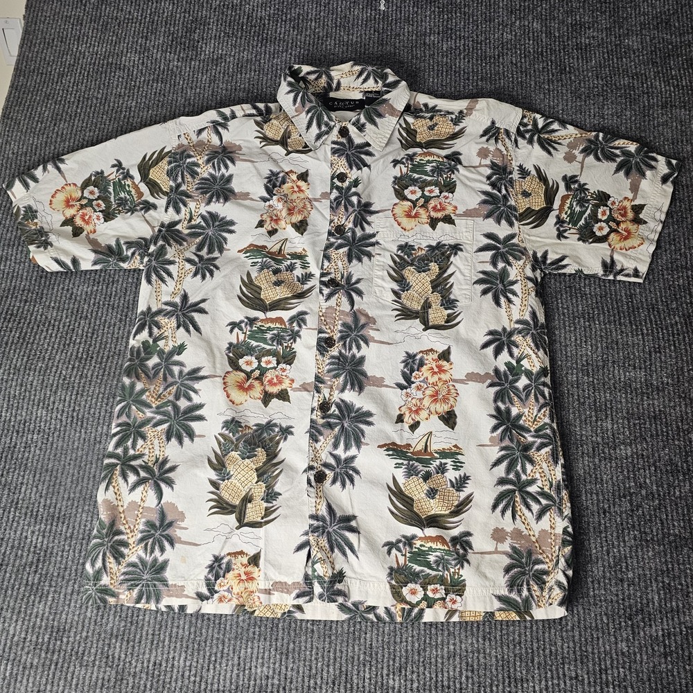 Cactus‎ Black Label Shirt Mens Large White Hawaiian Pineapple Palm Tree Tropical